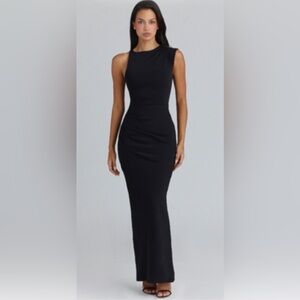 House of CB 	
'KEONI' BLACK ASYMMETRIC DRAPED MAXI DRESS